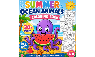 Summer Ocean Animals Coloring Book for Kids Ages 4-8 Easy Beach