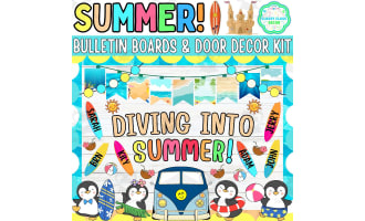 Summer Penguin Bulletin board And door Decor kit: Diving into Summer!