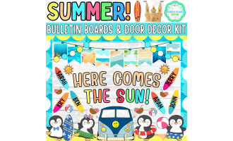 Summer Penguin Bulletin board And door Decor kit: Here Comes The Sun!