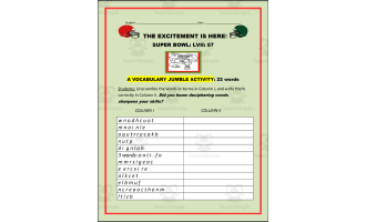 SUPER BOWL LVII: 57: THE EXCITEMENT IS HERE:! VOCABULARY JUMBLE ACTIVITY/ W. ANS. KEY