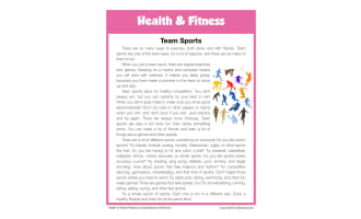Team Sports Health and Fitness Reading Comprehension Worksheet