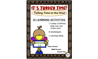Telling Time to the Hour with Tom Turkey Activities and Worksheets