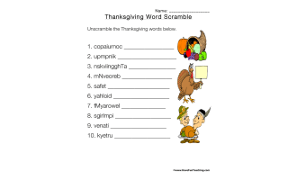 Thanksgiving Word Scramble Worksheet