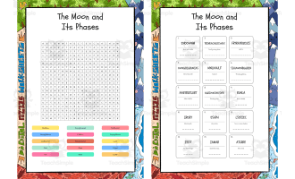 The Moon and Its Phases word search, scramble and crossword puzzle