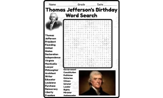 Thomas Jefferson Birthday Word Search 2nd 3rd 4th 5th Grade Worksheet