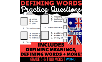 UK/Aus English Defining Words Practice Questions - Year 6-7 (Word)