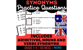 UK/Aus English Synonyms Practice Questions - Year 6-7 (Word)