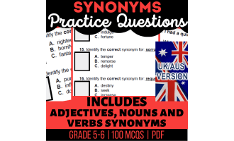 UK/Aus Spelling Synonyms Practice Questions - Year 6-7 (PDF)