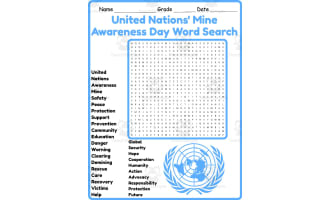 United Nations' Mine Awareness Day Word Search 2nd 3rd 4th 5th Grade