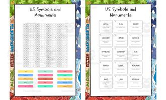 US Symbols and Monuments word search, scramble and crossword puzzle
