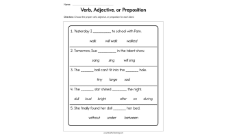 Verb Adjective or Preposition Worksheet