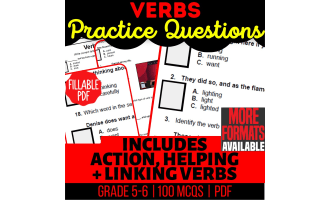 Verbs Practice Questions - Grammar Grade 5-6 (Fillable PDF)