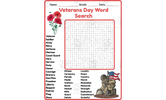 Veterans Day Word Search 2nd 3rd 4th 5th Grade Worksheet Activity