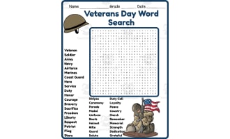 Veterans Day Word Search 2rd 3th 4th 5th Grade worksheet activity
