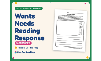 Wants Needs Reading Response Worksheet – 1st-5th Grade Journals