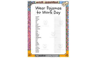 Wear Pajamas to Work Day word Scramble puzzle worksheet