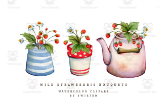 Wild Strawberries, cottage style, bouquets in cups, pitcher, jug, rusty kettle
