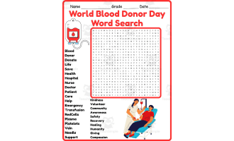 World Blood Donor Day Word Search 2nd 3rd 4th 5th Grade Worksheet
