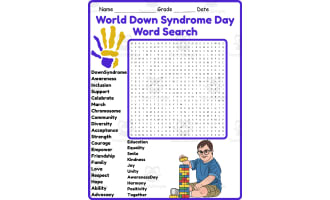 World Down Syndrome Day Word Search 2nd 3rd 4th 5th Grade Worksheet