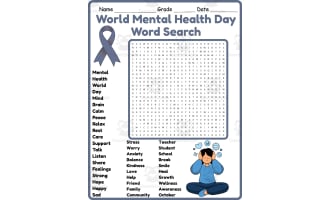 World Mental Health Day Word Search 2rd 3th 4th 5th Grade worksheet a