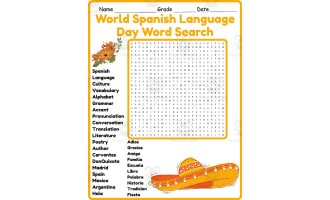 World Spanish Language Day Word Search 2nd 3rd 4th 5th Grade Worksheet