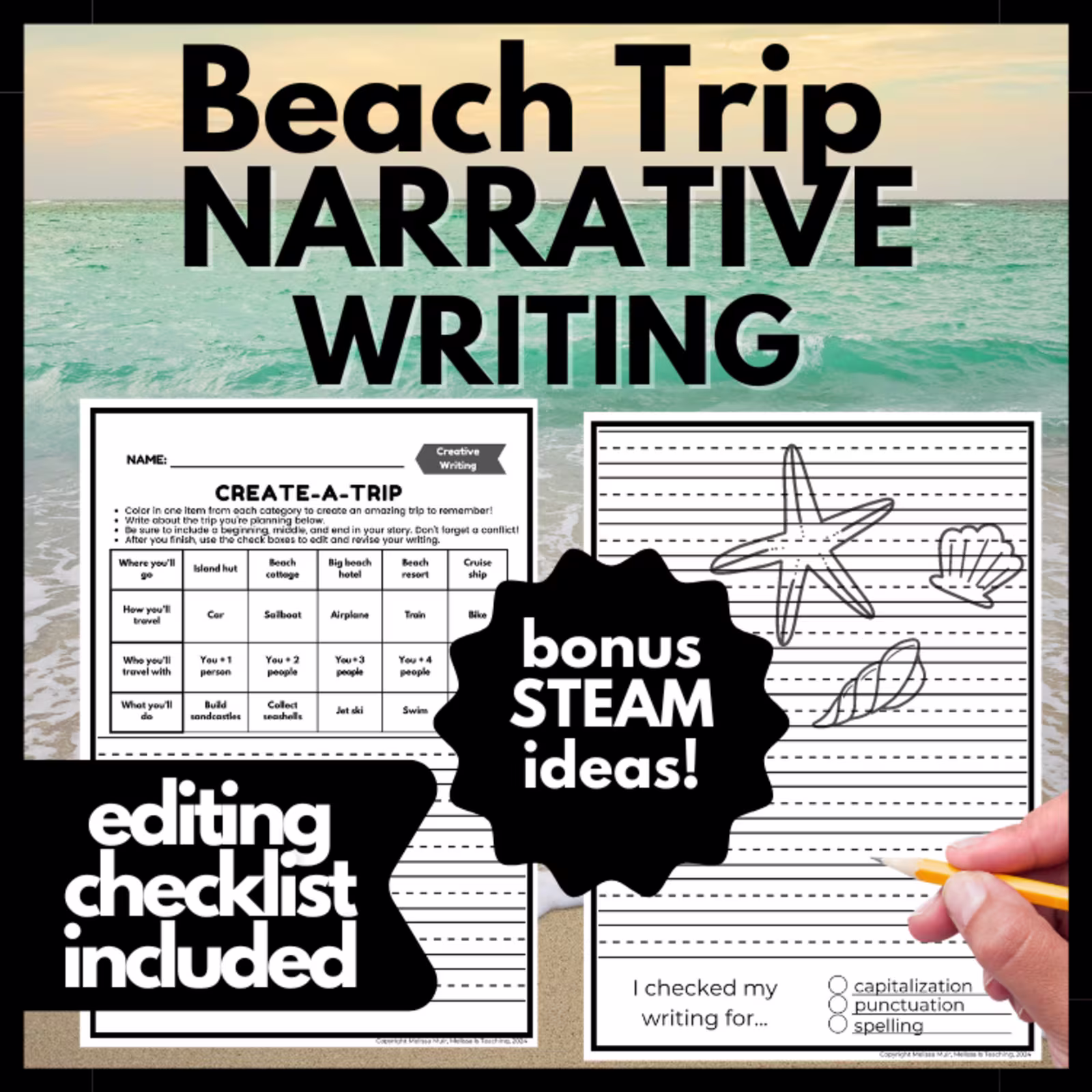 An educational teaching resource from Melissa Is Teaching entitled Create-A-Beach Trip Writing Challenge downloadable at Teach Simple.