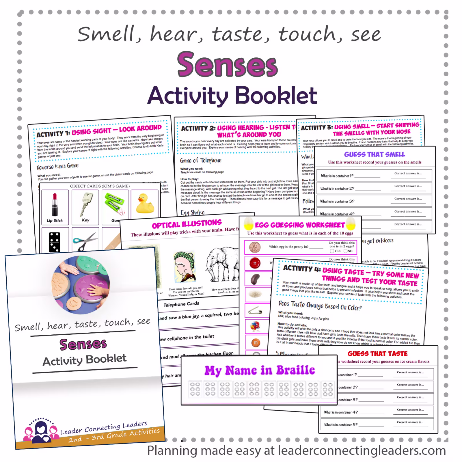 An educational teaching resource from Leader Connecting Leaders entitled Senses Acitvity Booklet - Smell, Hear, Taste, Touch, See downloadable at Teach Simple.
