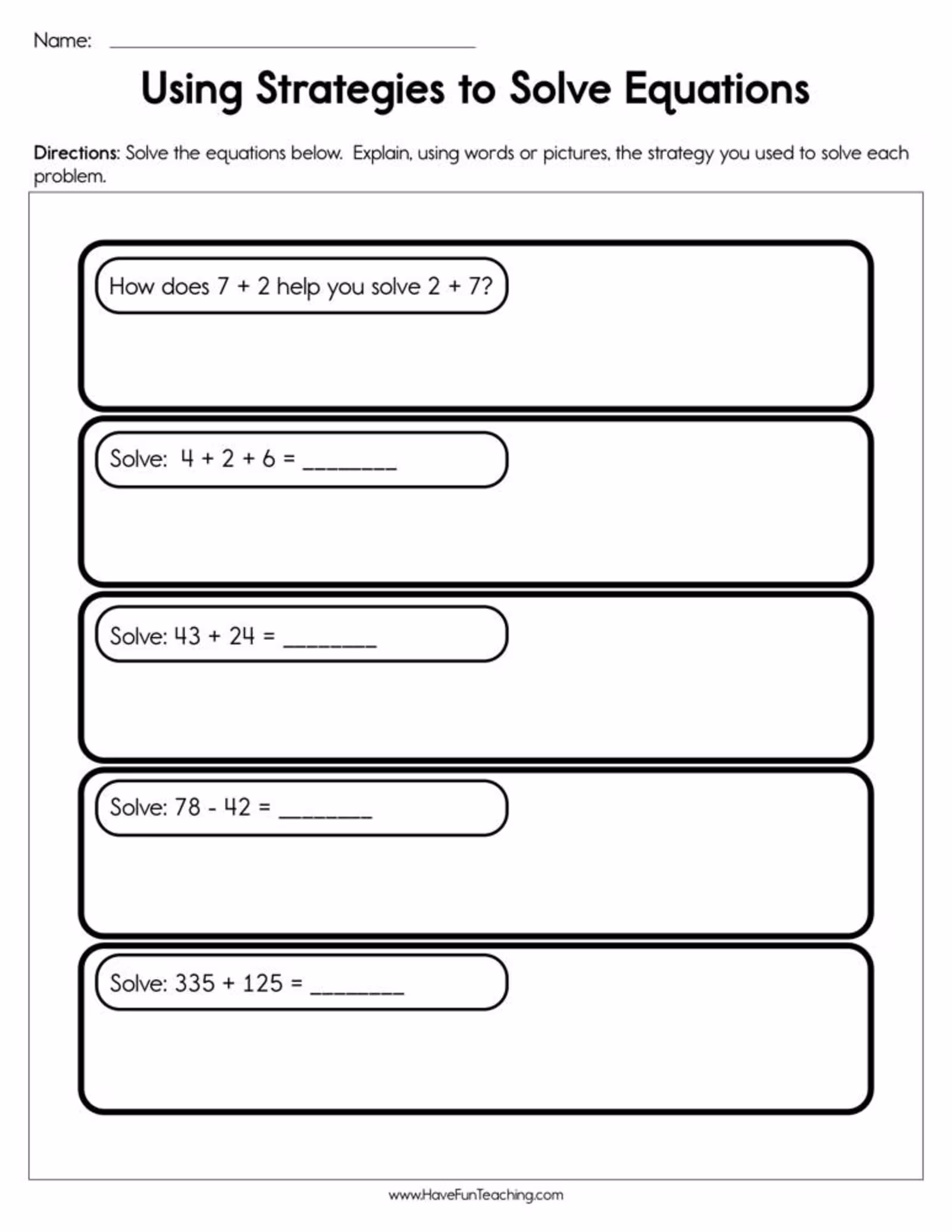 An educational teaching resource from Have Fun Teaching entitled Using Strategies to Solve Equations Worksheet downloadable at Teach Simple.