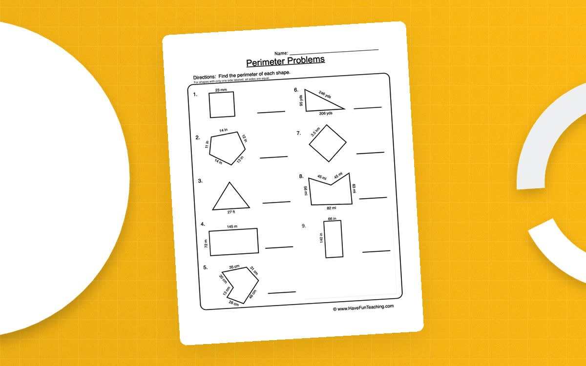 Perimeter Shape Problems Worksheet resource preview on a decorative background.