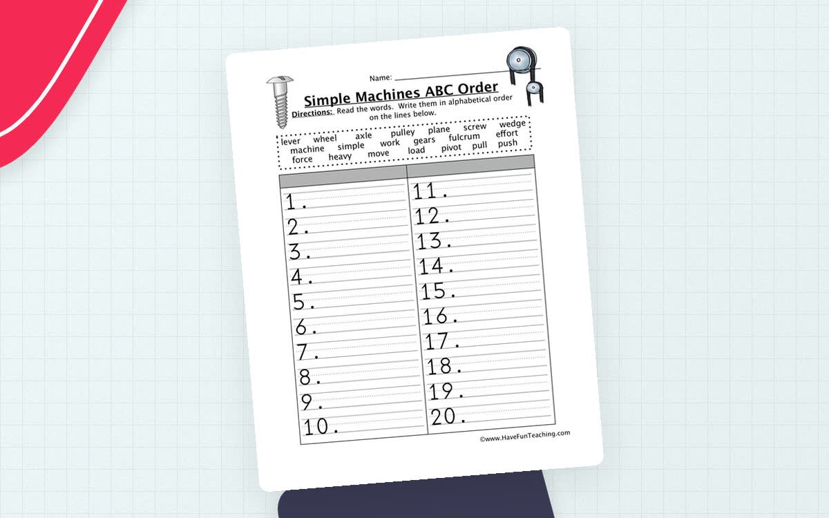 Simple Machines ABC Order Worksheet resource preview on a decorative background.