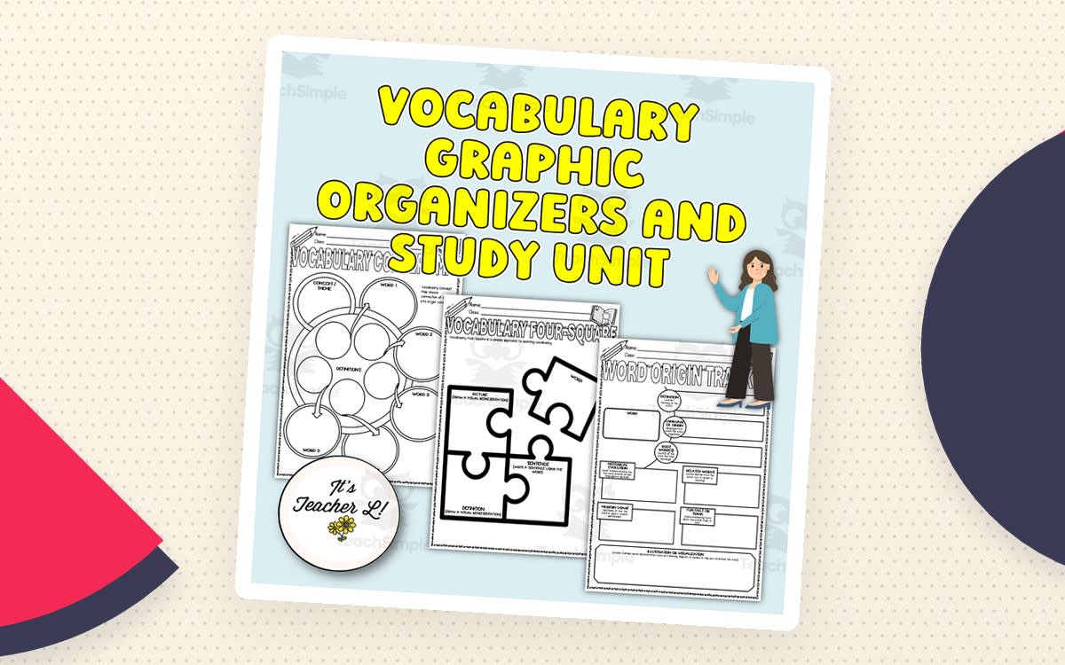 Vocabulary Graphic Organizers and Study Unit — Grades 6–8 resource preview on a decorative background.