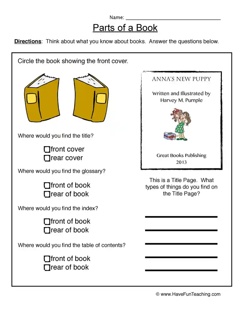 Book Parts Worksheet by Teach Simple