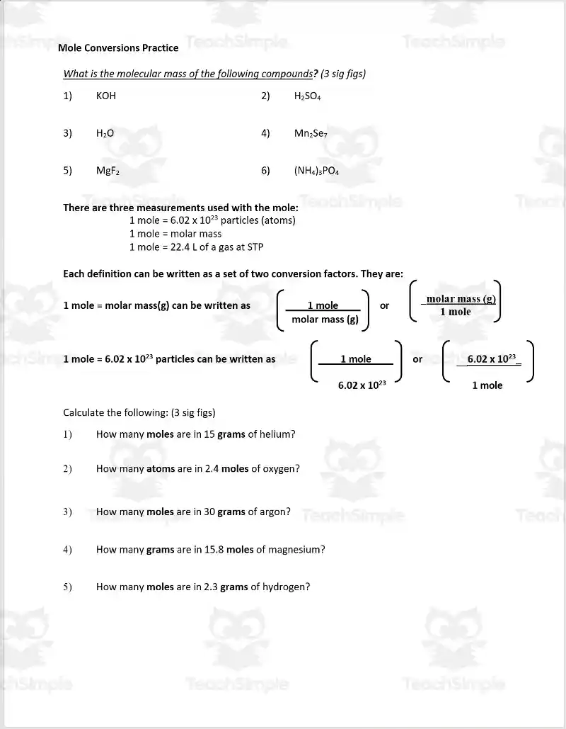Chemistry Mole Conversion Practice
