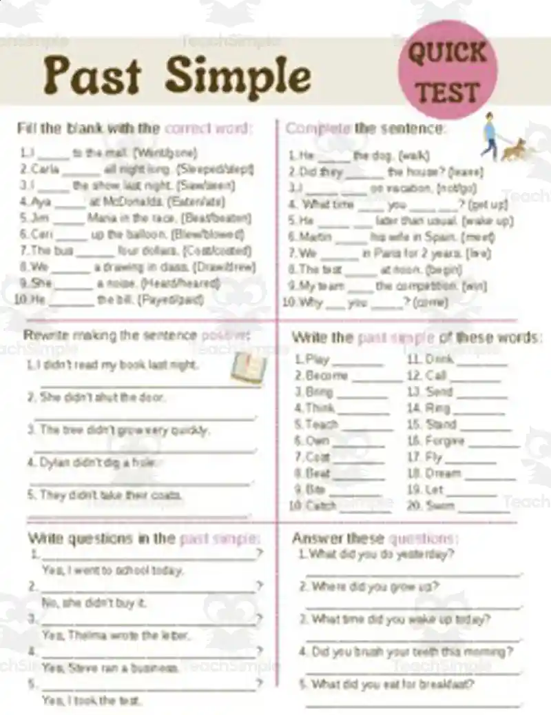 Past Simple - Test Worksheet for English & ESL Students by Teach Simple