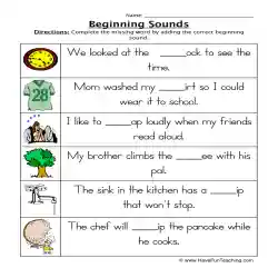 Beginning Sounds Fill in the Blank Worksheet by Teach Simple