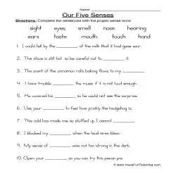 Senses Fill in the Blanks Worksheet by Teach Simple