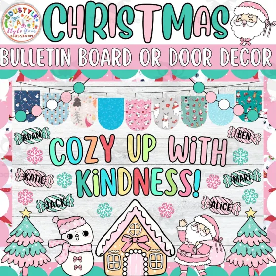 An educational teaching resource from EduStyle - Style Your Classroom entitled Cozy Up with kind: Groovy Christmas Bulletin Board or Door Decor Kit downloadable at Teach Simple.