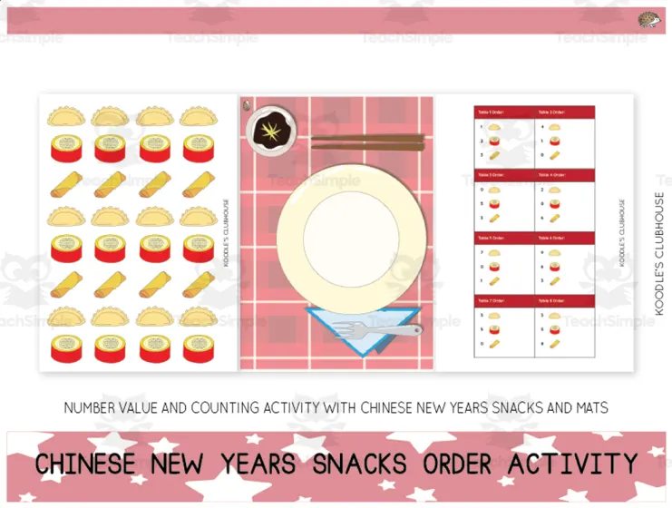 An educational teaching resource from Koodles Clubhouse entitled Chinese New Years Snacks Order Activity downloadable at Teach Simple.