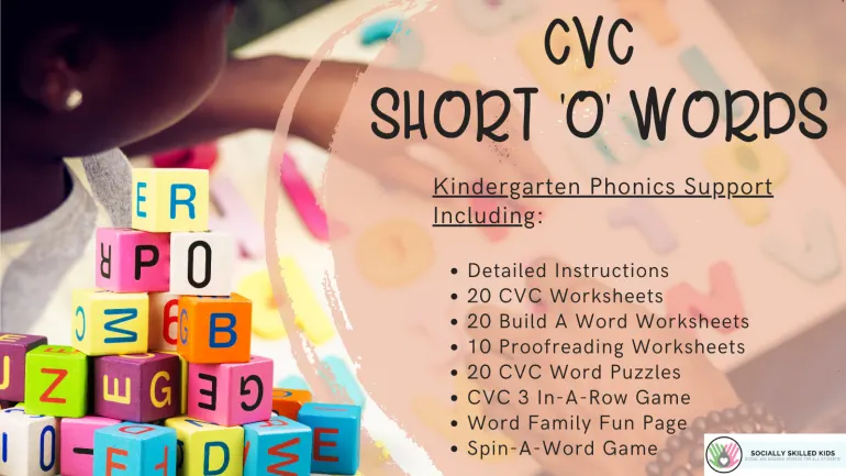An educational teaching resource from Socially Skilled Kids entitled CVC Short 'o' Phonics Support downloadable at Teach Simple.