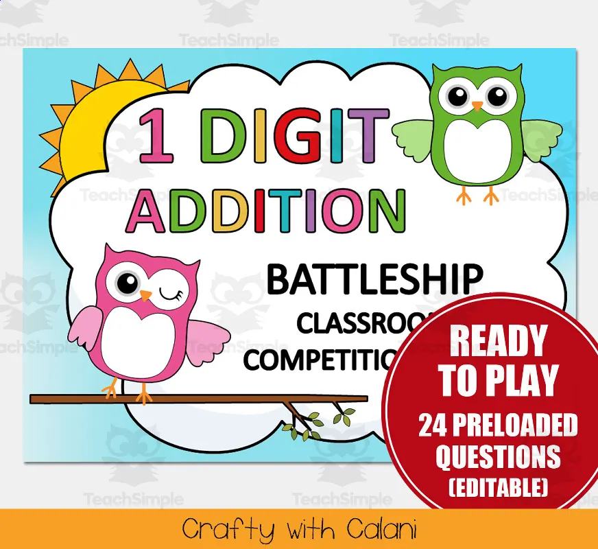 An educational teaching resource from Crafty with Calani entitled 1 Digit Addition Battleship Math Classroom Game  in Owl Theme downloadable at Teach Simple.