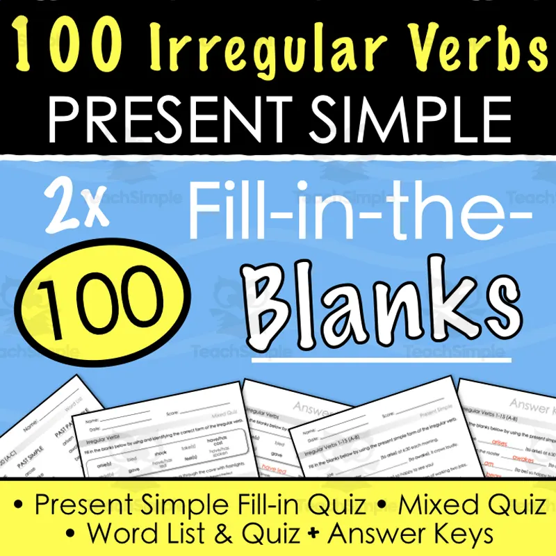 An educational teaching resource from Tom's Talk entitled 100 Irregular Verbs PRESENT SIMPLE - Fill-in Sentences + Mixed Quiz (Present Simple, Past Simple & Present Perfect) downloadable at Teach Simple.