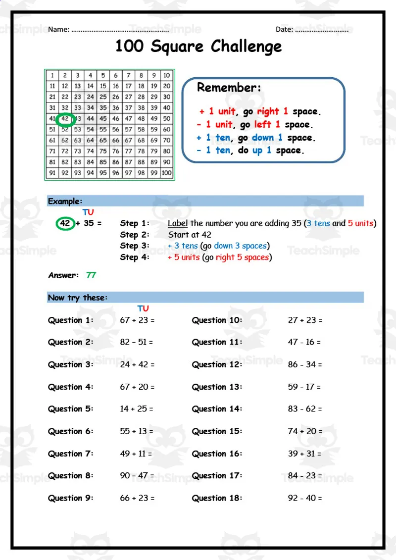 An educational teaching resource from Elementary Resources 4 U entitled 100 Square Challenge - 18 Questions downloadable at Teach Simple.