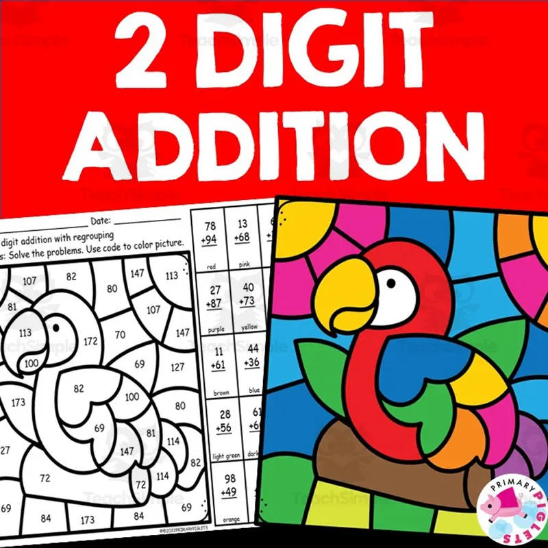 2 DIGIT ADDITION WITH REGROUPING COLOR BY NUMBER PARROT by Teach Simple