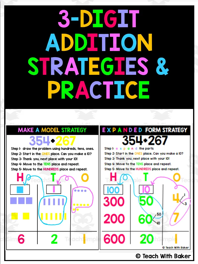 An educational teaching resource from Teach With Baker entitled 3 Digit Addition Regrouping downloadable at Teach Simple.