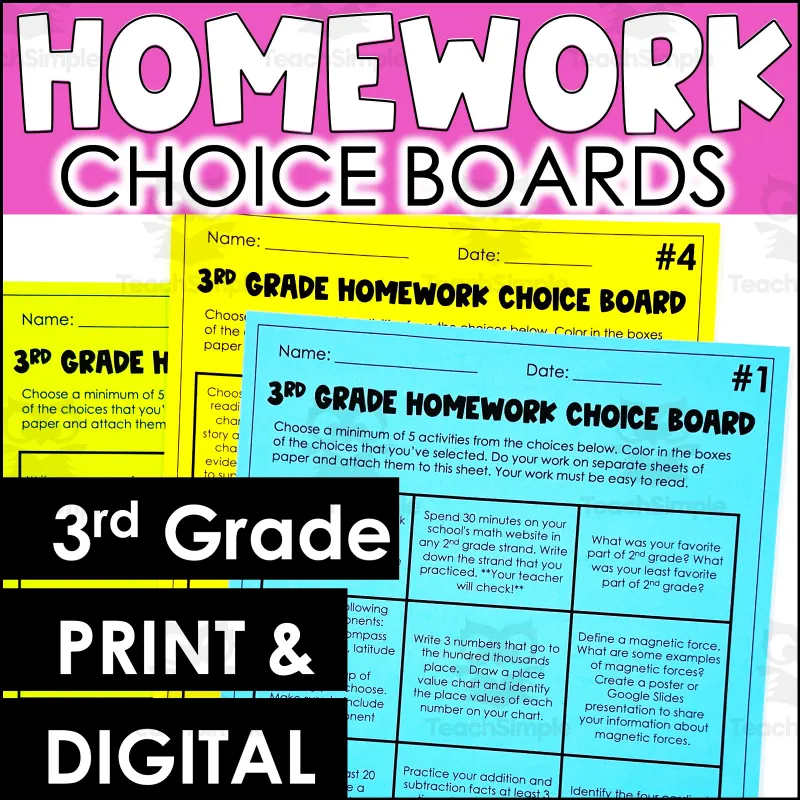 An educational teaching resource from Life Beyond the Gradebook entitled 3rd Grade Homework Choice Boards - Differentiated Homework Worksheets downloadable at Teach Simple.