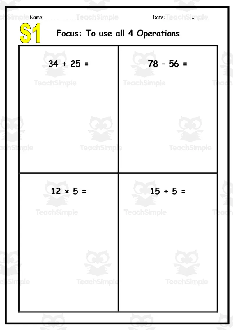 An educational teaching resource from Elementary Resources 4 U entitled 4 Operations Practice Booklet downloadable at Teach Simple.