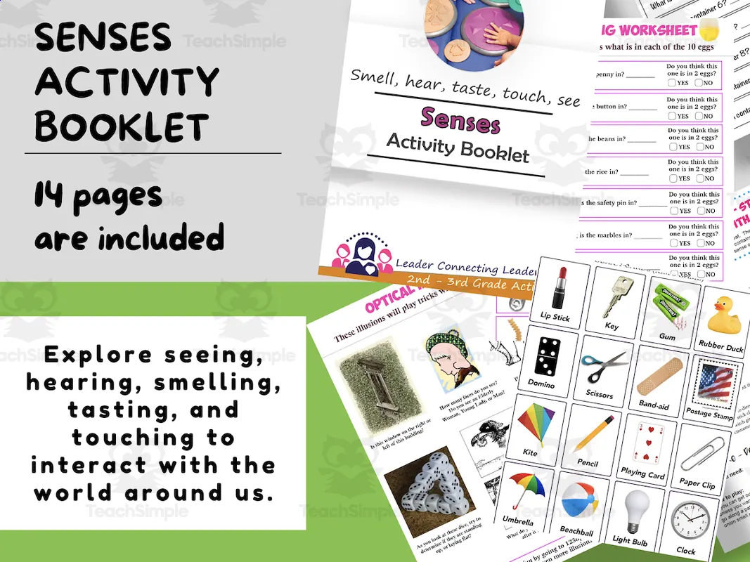 An educational teaching resource from Leader Connecting Leaders entitled 5 Senses Activity Booklet, printable for kids, Tasting, hearing, smelling, touching, seeing, Activity printable, Girl Scout Badge Resource downloadable at Teach Simple.