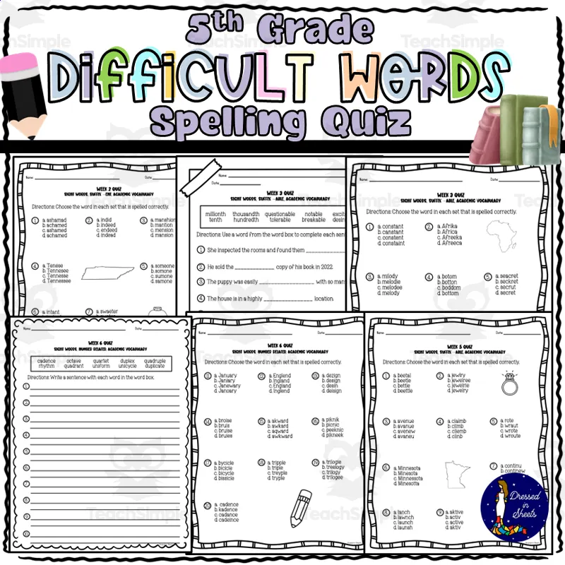 An educational teaching resource from Soumara Siddiqui entitled 5th Grade Difficult Words Spelling Quiz downloadable at Teach Simple.