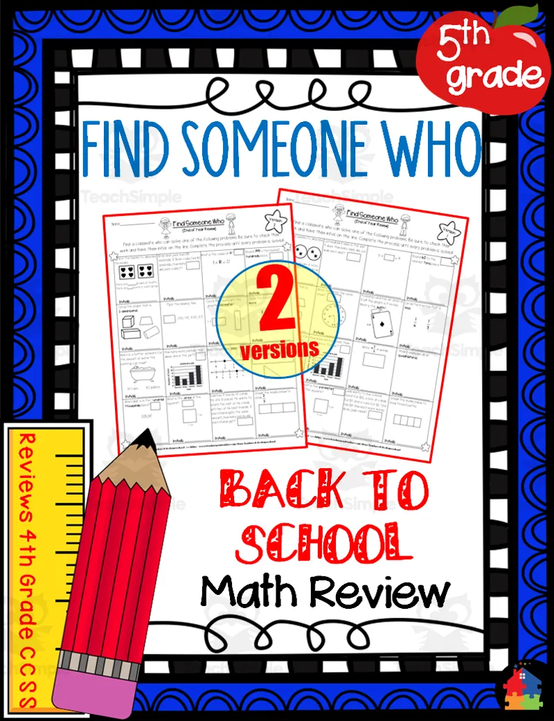 An educational teaching resource from Teachers R Us Homeschool entitled 5th Grade - Find Someone Who | Back to School Math Review downloadable at Teach Simple.