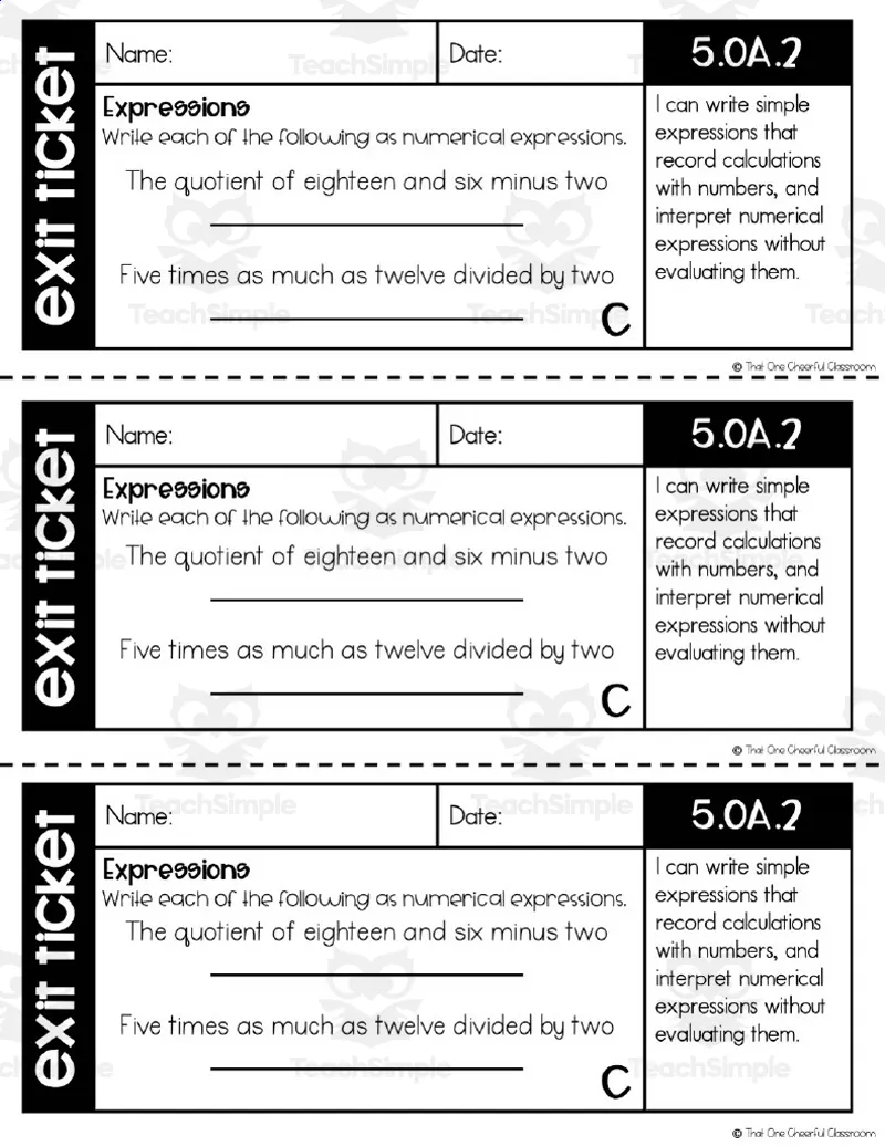 An educational teaching resource from That One Cheerful Classroom entitled 5th Grade Math Exit Tickets downloadable at Teach Simple.